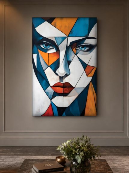 Kubistische Vrouw in Kleurvlakken, Mensen & Portretten schilderij aan de muur in interieur