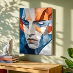 Geometrisch Vrouwengezicht in Blauw en Oranje, Mensen & Portretten schilderij aan de muur in interieur