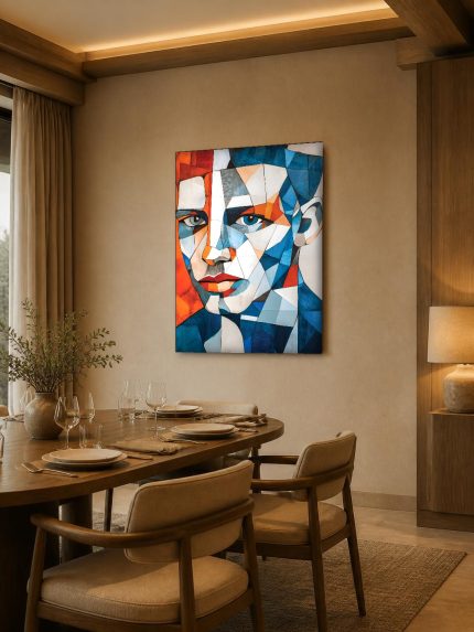 Kubistisch Portret in Blauw en Oranje, Mensen & Portretten schilderij aan de muur in interieur