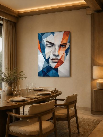 Gebroken Blik in Blauw en Oranje, Mensen & Portretten schilderij aan de muur in interieur
