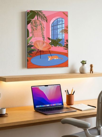 Kat in Kleurrijk Interieur, Dieren schilderij aan de muur in interieur