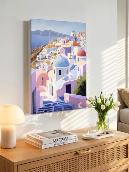 Pastelkleurig Dorp aan de Kliffen, Natuur & Landschap schilderij aan de muur in interieur