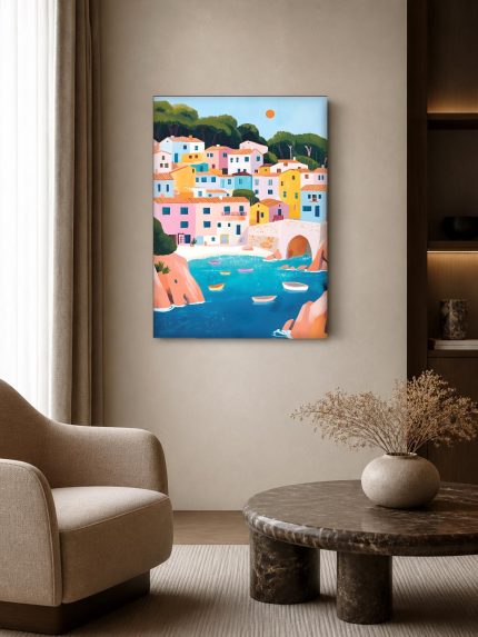 Kleurrijk Kustdorp aan Zee, Natuur & Landschap schilderij aan de muur in interieur