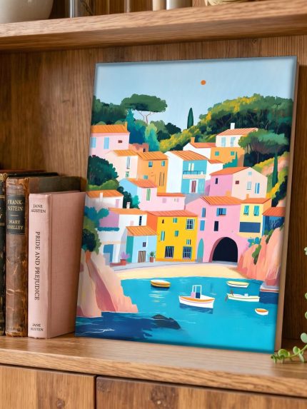 Zonnig Kustdorp aan de Baai, Natuur & Landschap schilderij aan de muur in interieur