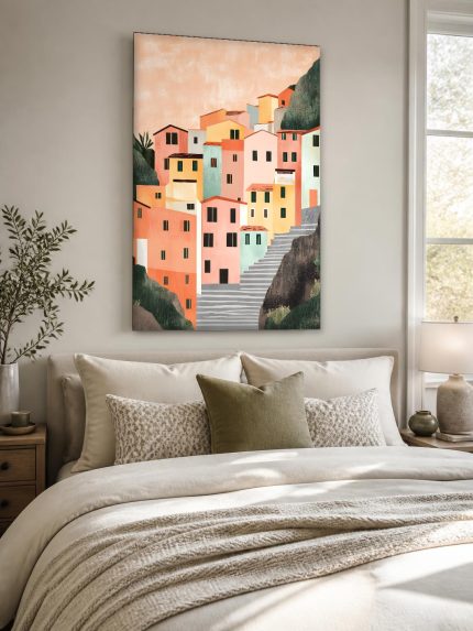 Zonovergoten Dorp in de Rotsen, Steden & Skylines schilderij aan de muur in interieur