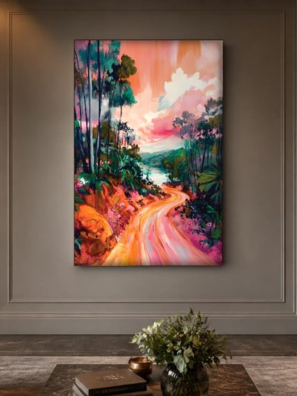 Kleurrijke Weg naar de Rivier, Natuur & Landschap schilderij aan de muur in interieur