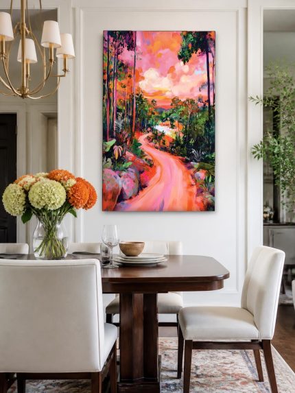 Kleurrijk Bospad bij Zonsondergang, Natuur & Landschap schilderij aan de muur in interieur