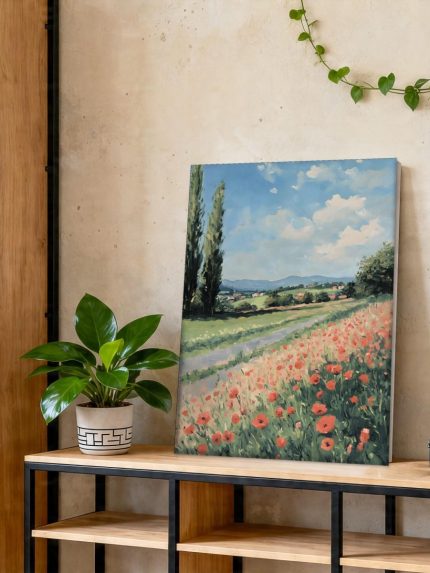 Klaprozenveld bij de Heuvels, Natuur & Landschap schilderij aan de muur in interieur