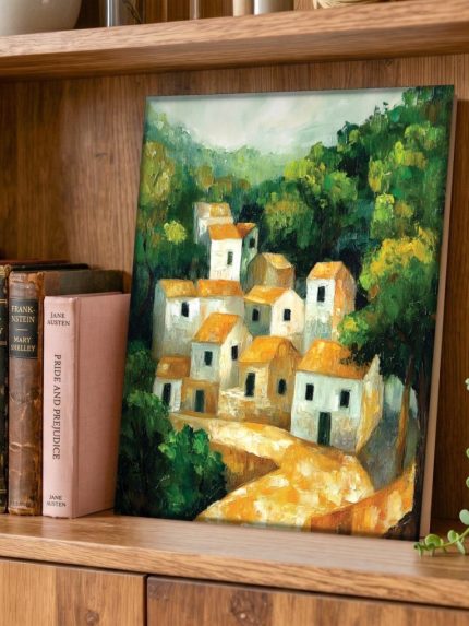 Zonnig Dorpje in het Bos, Natuur & Landschap schilderij aan de muur in interieur