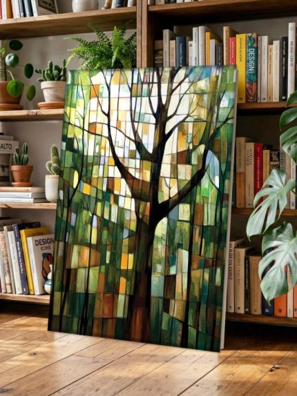 Boom in mozaïeklicht, Natuur & Landschap schilderij aan de muur in interieur
