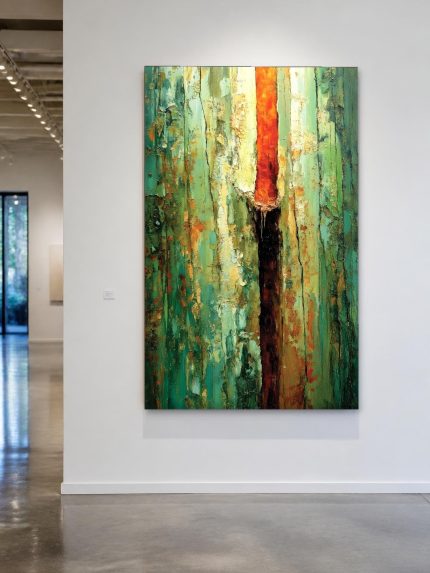 Verticale Gloed in Groen, Abstract & Modern schilderij aan de muur in interieur