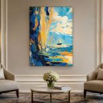 Gouden Rotskust met Zeilboot, Natuur & Landschap schilderij aan de muur in interieur