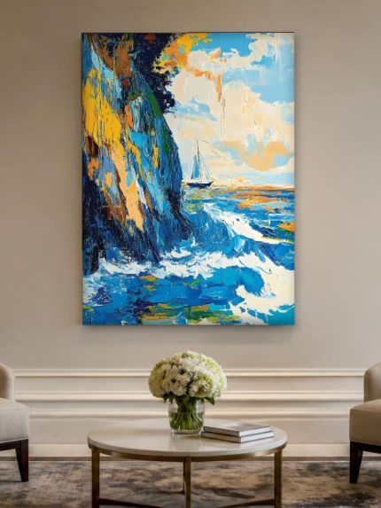 Rotskust met zeilboot, Natuur & Landschap schilderij aan de muur in interieur
