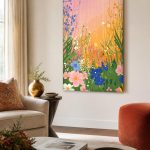 Veldbloemen bij zonsondergang, Bloemen & Stilleven schilderij aan de muur in interieur