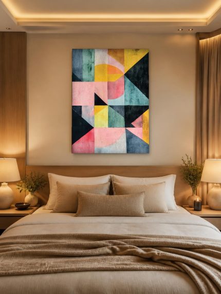 Kleurvlakken in Balans, Abstract & Modern schilderij aan de muur in interieur