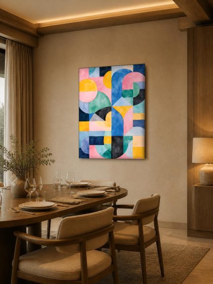 Speelse Vormentaal, Abstract & Modern schilderij aan de muur in interieur