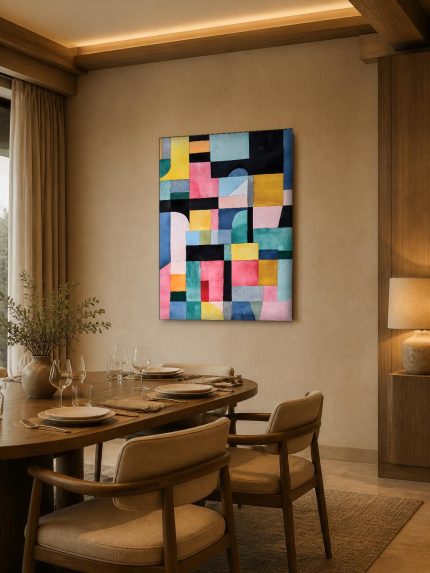 Kleurvlakken in Balans, Abstract & Modern schilderij aan de muur in interieur