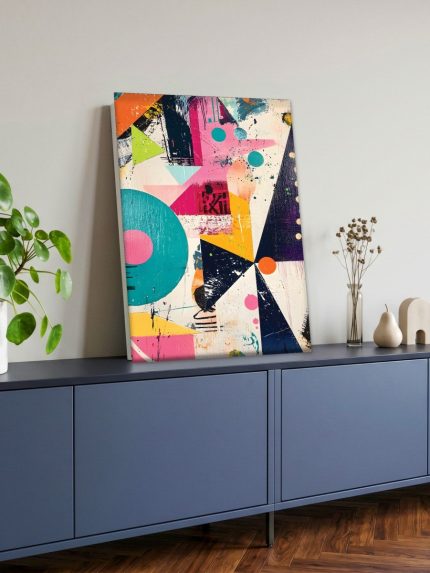 Geometrische Kleurdans, Abstract & Modern schilderij aan de muur in interieur