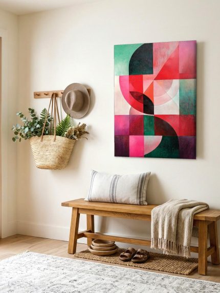 Rood en Groen in Balans, Abstract & Modern schilderij aan de muur in interieur