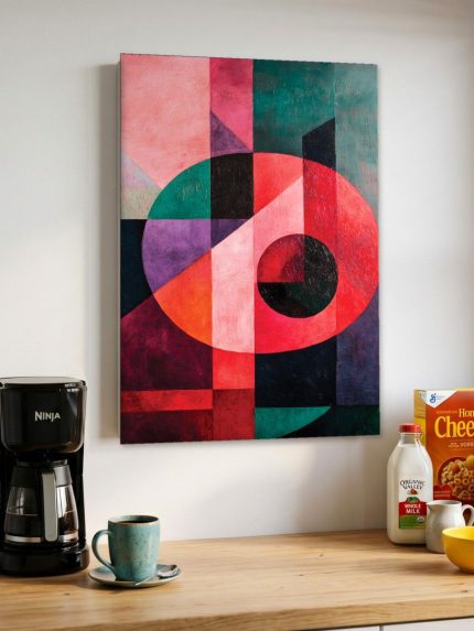 Cirkelspel in Karmijn, Abstract & Modern schilderij aan de muur in interieur