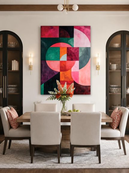 Kleurcirkels in Bourgondisch Palet, Abstract & Modern schilderij aan de muur in interieur
