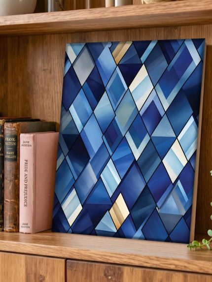 Blauwe Ruitenspel, Abstract & Modern schilderij aan de muur in interieur