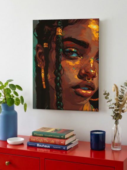 Vrouw in Goud en Turquoise, Mensen & Portretten schilderij aan de muur in interieur