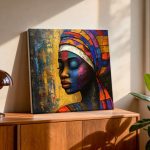 Vrouw met Kleurrijke Tulband, Mensen & Portretten schilderij aan de muur in interieur