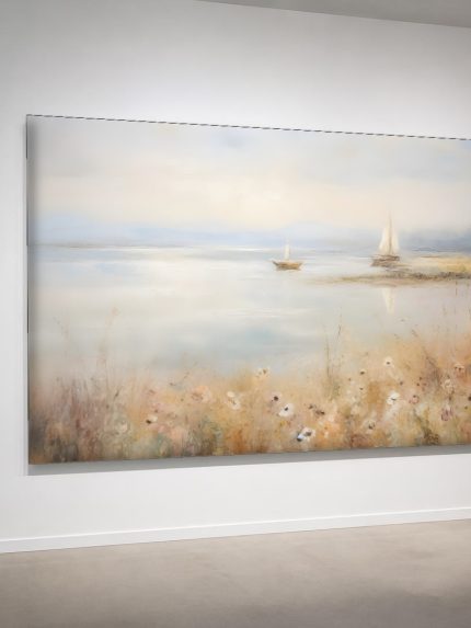 Zeilboten in de Ochtendnevel, Natuur & Landschap schilderij aan de muur in interieur