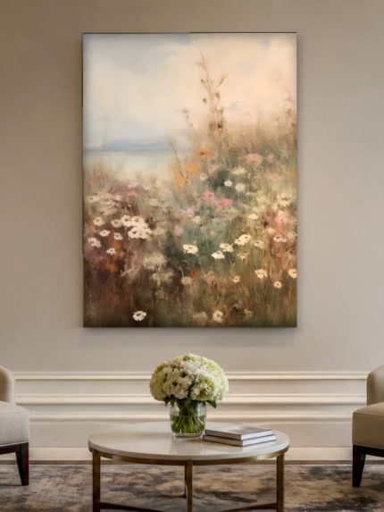 Bloemenweide aan het water, Bloemen & Stilleven schilderij aan de muur in interieur
