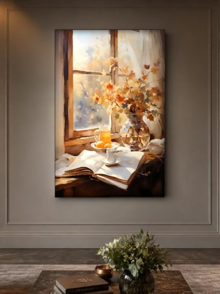 Herfstboeket bij het venster, Bloemen & Stilleven schilderij aan de muur in interieur