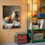 Brood en kruik bij het venster, Bloemen & Stilleven schilderij aan de muur in interieur