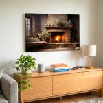Warmte bij de Open Haard, Bloemen & Stilleven schilderij aan de muur in interieur
