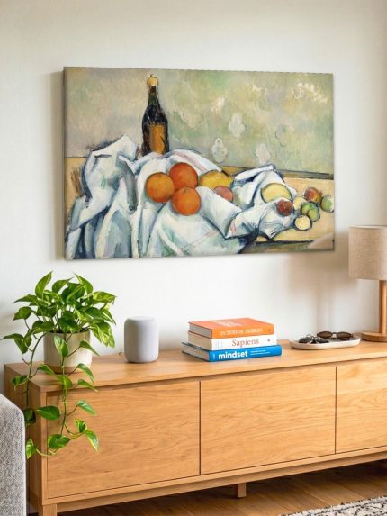 Fruitstilleven met flacon (naar Cézanne), Bloemen & Stilleven schilderij aan de muur in interieur