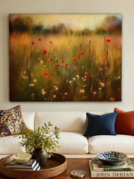 Klaprozenveld in avondlicht, Bloemen & Stilleven schilderij aan de muur in interieur