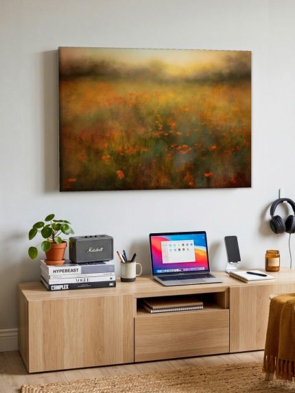 Klaprozenweide in ochtendlicht, Bloemen & Stilleven schilderij aan de muur in interieur