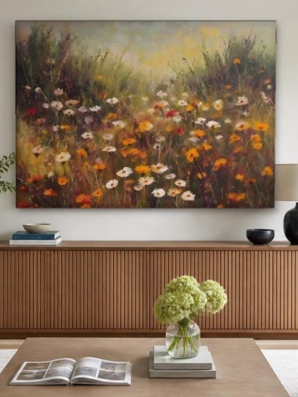 Bloemenweide in gouden licht, Bloemen & Stilleven schilderij aan de muur in interieur
