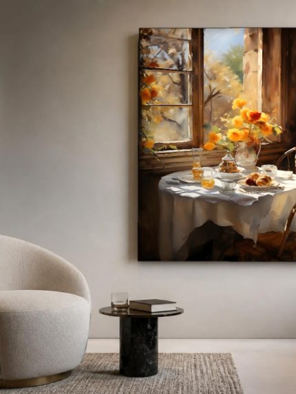 Herfstontbijt bij het Venster, Bloemen & Stilleven schilderij aan de muur in interieur