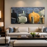 Kruiken en potten in rij, Bloemen & Stilleven schilderij aan de muur in interieur