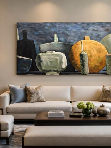 Kruiken en potten in rij, Bloemen & Stilleven schilderij aan de muur in interieur