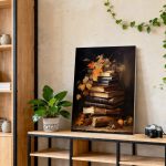 Herfststilleven met Oude Boeken, Bloemen & Stilleven schilderij aan de muur in interieur