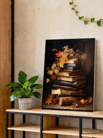 Herfststilleven met Oude Boeken, Bloemen & Stilleven schilderij aan de muur in interieur
