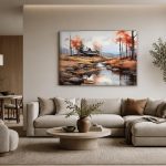 Herfsthuisje aan de beek, Natuur & Landschap schilderij aan de muur in interieur