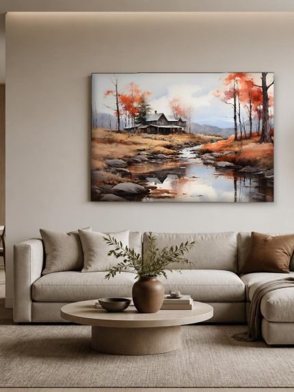 Herfsthuisje aan de beek, Natuur & Landschap schilderij aan de muur in interieur
