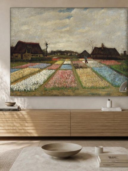 Bloembedden in Holland (naar Van Gogh), Bloemen & Stilleven schilderij aan de muur in interieur