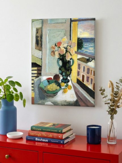 Bloemen bij het Raam (naar Matisse), Bloemen & Stilleven schilderij aan de muur in interieur