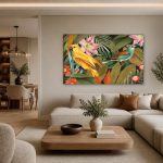 Tropische vogels in weelderig gebladerte, Dieren schilderij aan de muur in interieur