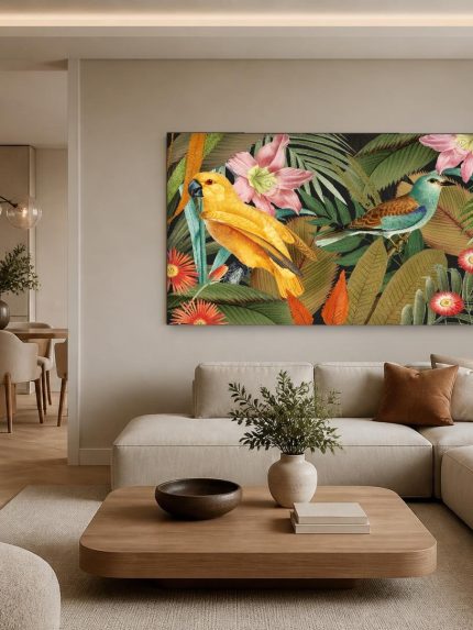 Tropische vogels in weelderig gebladerte, Dieren schilderij aan de muur in interieur