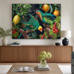 Papegaaien in de Fruitboomgaard, Dieren schilderij aan de muur in interieur