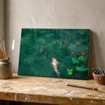 Koikarpers tussen Waterlelies, Dieren schilderij aan de muur in interieur